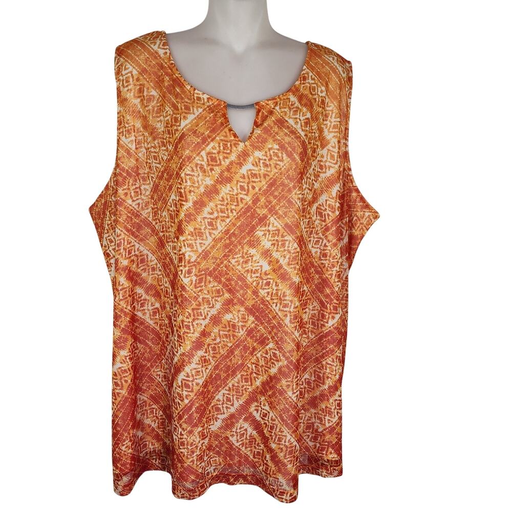 Catherines Womens Top 3X Sleeveless Orange Lined Keyhole Neck Geometric Artsy